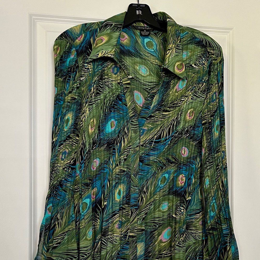 Sunny Taylor peacock print bell sleeve women’s top XL